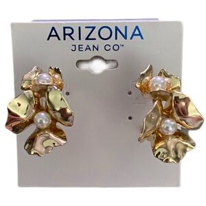 Gold-tone Huggie Hoop Floral Earrings w/ Pearl Accents